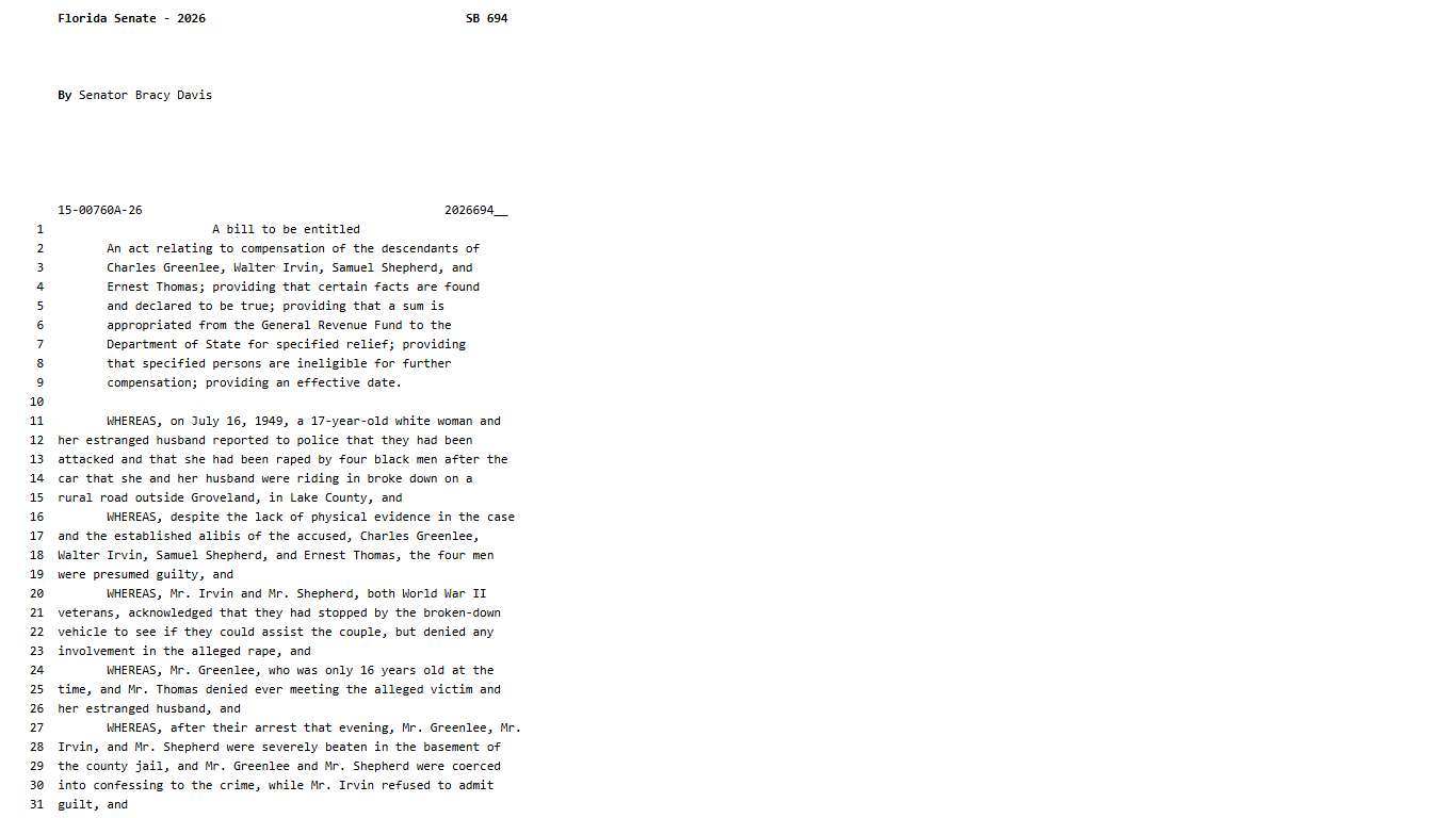 2026 SB 694 By Senator Bracy Davis 15-00760A-26 ...