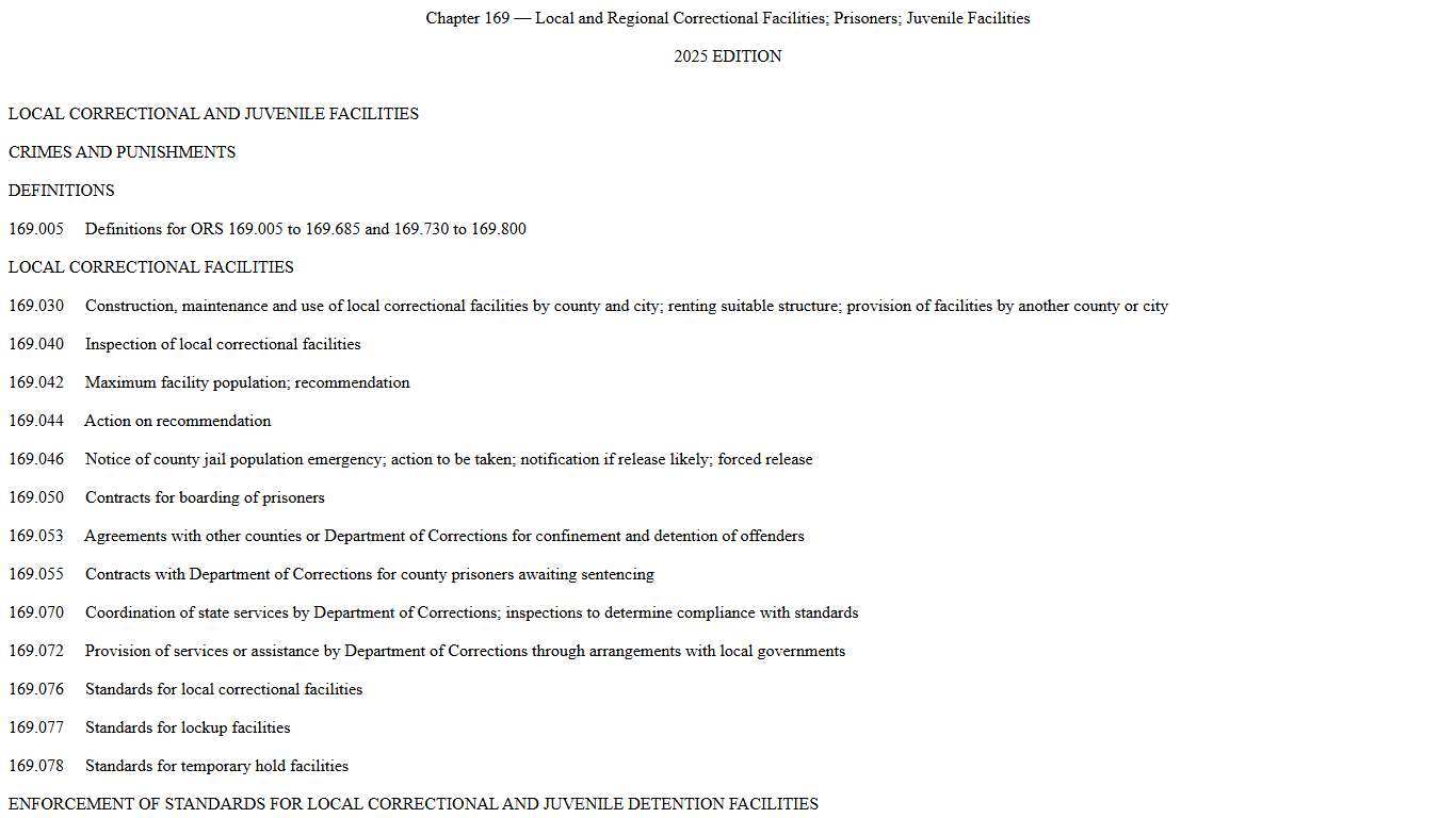 Chapter 169 — Local and Regional Correctional Facilities